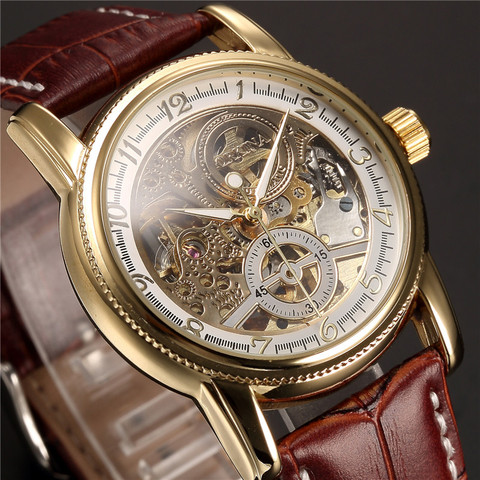 Men Wrist Watches Luxury Golden Skeleton Mechanical Steampunk Male Clock Automatic Wristwatch Leather Strap Herren Horloges ► Photo 1/6