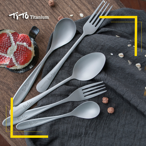 TiTo titanium polished Spoon Tableware titanium Fork Ultralight pure titanium Spork Cutlery Camping Cooking Titanium spoon ► Photo 1/6