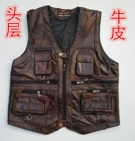 Autumn/winter 2022 head layer cowhide leather vest men vest Leather vest pocket ► Photo 1/3