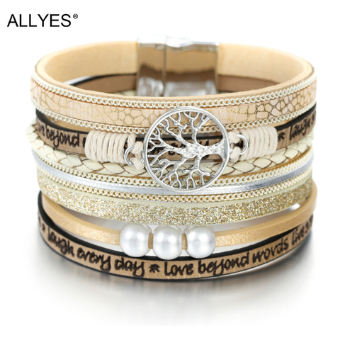 ALLYES Tree of Life Charm Pearl Leather Bracelets for Women Fashion Ladies Bohemian Multilayer Wide Wrap Bracelet Female Jewelry ► Photo 1/6