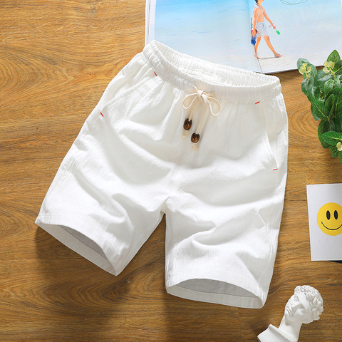 Summer lovers solid casual shorts male linen knee length cotton Board shorts men drawstring thin Breathable Male Bermuda white ► Photo 1/1