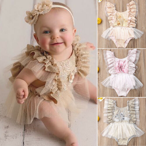 Toddler Kid Girl Newborn Baby Floral Party Lace Jumpsuit Dress Headband Outfit 