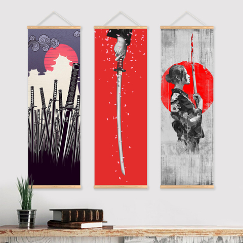 Japanese Samurai Scroll poster Canvas Print Poster with Wooden Hanger Wall Art Living Room Bedroom Home Decor scroll painting ► Photo 1/6