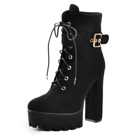 Onlymaker Platform 3cm Flock Ankle Boots Blcak Chunky high heels Buckle Strap Plus Size US15 for Lady boot Cosplay Shoes ► Photo 1/5