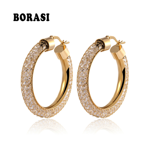 BORASI Gold Color Stainless Steel Shiny Crystal Earrings Fashion Circle Round Crystal Big Dangle Earrings Engagement For Women ► Photo 1/5