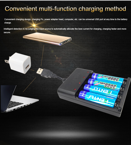 KENTLI  1.5v 3000mWh no memory effect aa rechargeable li-ion polymer lithium battery + 4 slots USB Charger ► Photo 1/6