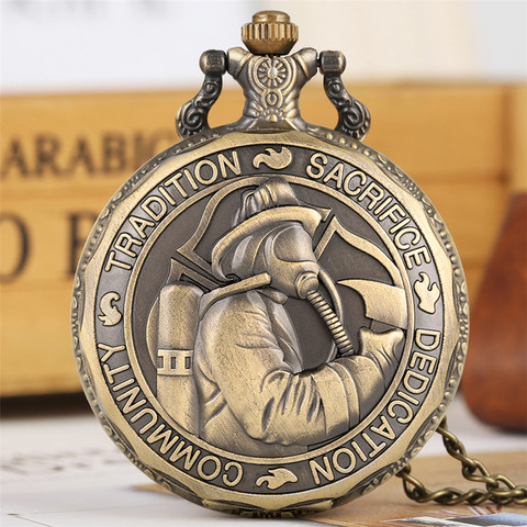Bronze Fire Fighter Display Quartz Pocket Watch Fob Chain Exquisite Embossed Design Necklace Pendant Steampunk Souvenir Clock ► Photo 1/6