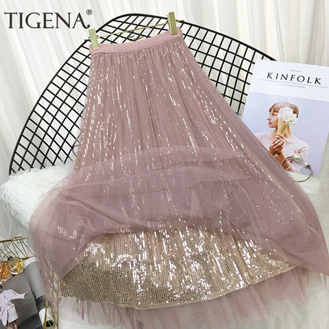 TIGENA 4 Layers Fashion Sequin Tulle Skirt Women 2022 Spring Summer Korean Long Maxi Skirt Female High Waist Pleated Skirt Pink ► Photo 1/6