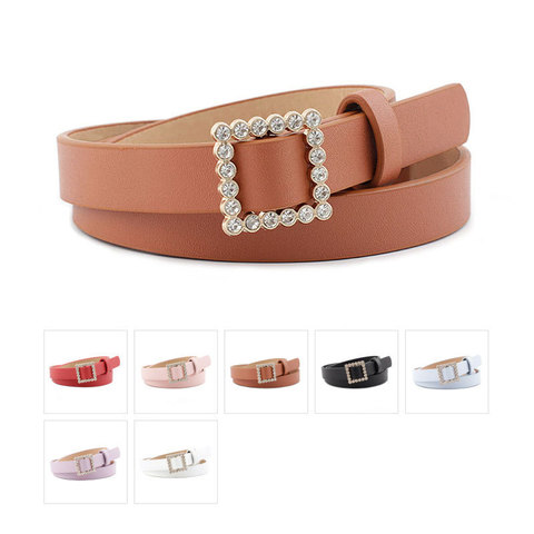 Leather Belt Women's Fashion Solid Color Belt Alloy Square Smooth Buckle Inlaid Rhinestone Decoration Sweet Style Belt Women ► Photo 1/6