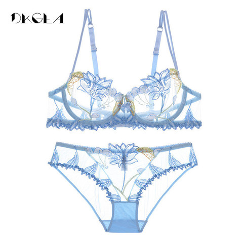 2022 Fashion Flowers Embroidery Lingerie Set Lace Blue Transparent Underwear Set Women Sexy Hollow Out See Through Bra Pink ► Photo 1/6