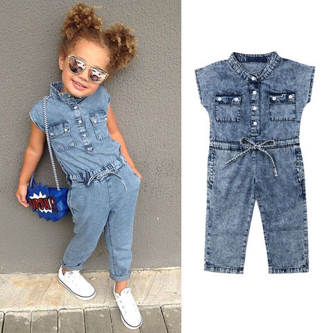 Summer Toddler Kids Baby Girl Clothes Denim Sleeveless Romper Jumpsuit Playsuit Long Pants Outfits 1-6T ► Photo 1/6