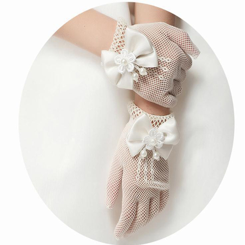 1 Pair Girls Kids White Lace Faux Pearl Fishnet Gloves Communion Flower Girl Bride Party Ceremony Accessories ► Photo 1/6