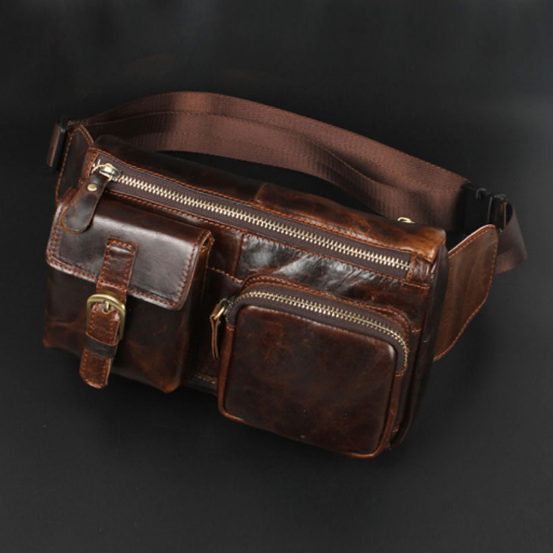Mens Real Genuine Leather Brown Belt Bag Fanny Pack Waist Wallet Sling Chest Bag