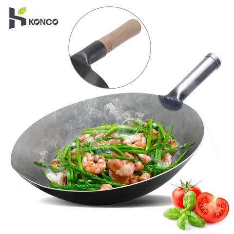 Konco Iron wok Cast iron pan Non-coated Pot General use for Gas and  Induction Cooker 32cm Chinese Wok Cookware Pan Kitchen Tools