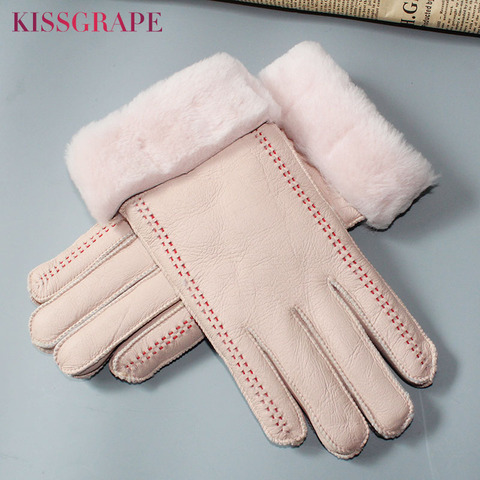 Super Warm Women's Genuine Leather Sheepskin Gloves Winter Female Outdoor Ski Motorcycle Gloves Ladies Sheep Fur Gloves Finger ► Photo 1/6