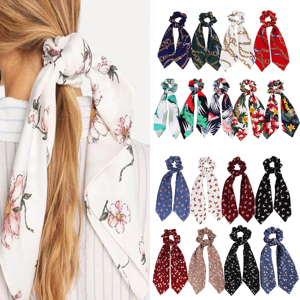 Women Girls Boho Ribbon Bow Hair Scrunchies Ties Elastic Ponytail Holders  Scarfs