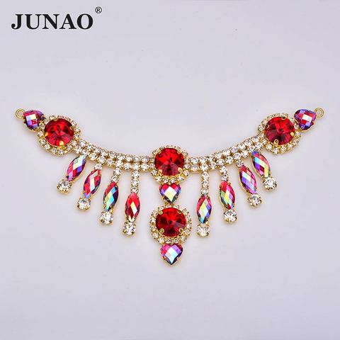 JUNAO 155*60mm Sewing Red AB Glass Rhinestone Chain Trim Gold Flowers Strass Applique Crystal Fringe for Garment Decoration ► Photo 1/6
