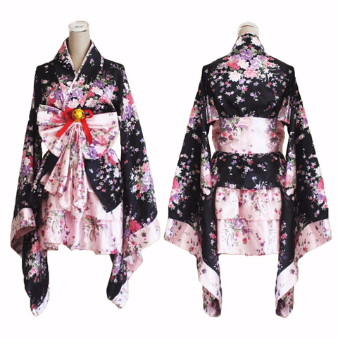 Japanese Kimono Sakura Printed Lolita Pink Short Sexy Layered Skirt  Maid Cosplay Costume Halloween Fancy Dress for Women ► Photo 1/6