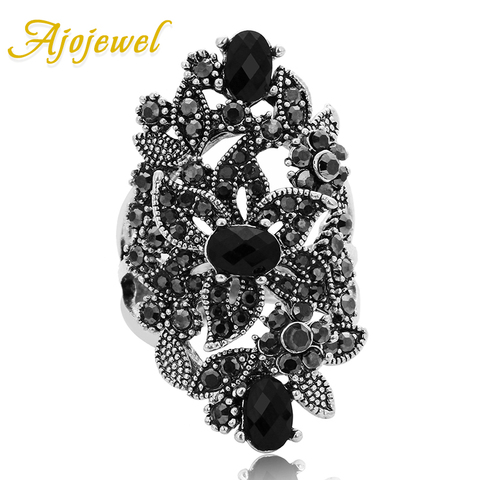 Ajojewel Black Crystal Rhinestone Flower Jewelry Vintage Retro Ring Woman Big Rings Ringen ► Photo 1/6