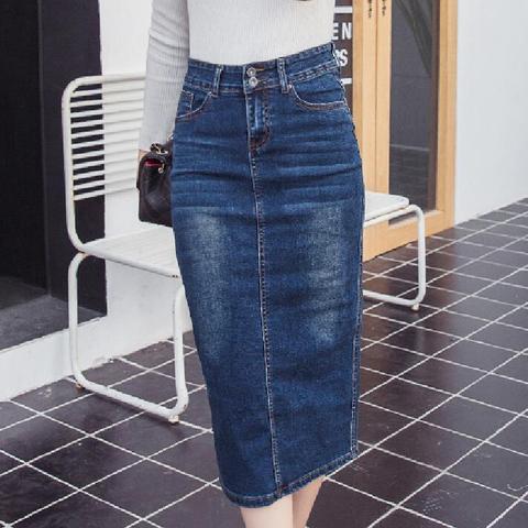 2022 Women long Jeans skinny Skirts Blue Girls High Waist Casual Denim Pencil skirt Female saia ► Photo 1/6