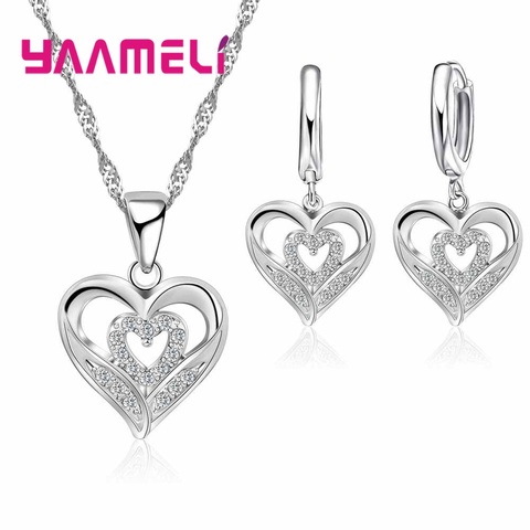 Romantic Style Double Love Shape Valentine's Day Wedding Souvenir 925 Sterling Silver For Women  Necklace Earrings Set ► Photo 1/6
