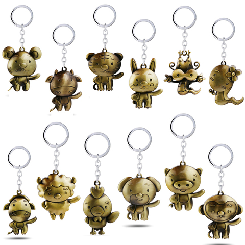 12 Zodiac Keychains Vintage Bronze Animal Key Chain Metal Pendant Tiger Dragon Pig Monkey Keyring Chaveiro Key Holder For Men ► Photo 1/6