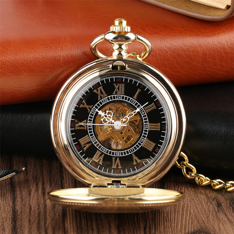Golden Mechanical Pocket Watch Shield Design Hand Winding Steampunk Cool Pendant Pocket Chain Clock for Men Women as Collectible ► Photo 1/6