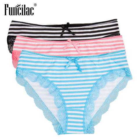 FUNCILAC Underwear Women Cotton Ladies Panties Sexy Lace Striped Briefs Simple Pink Calcinha Plus Size Lingerie M-XXL 3 pcs/set ► Photo 1/6