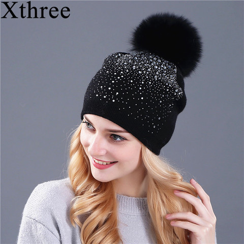 [Xthree] women winter beanie hat Rabbit fur wool knitted hat the female of the mink pom pom Shining Rhinestone hats for women ► Photo 1/6