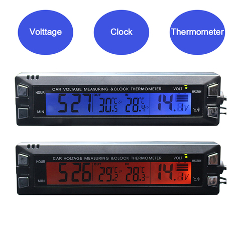 3 in 1 Car Digital Auto Thermometer Voltmeter Clock Volt Temperature Monitor 12V Outdoor Indoor LCD Orange/Blue Backlight ► Photo 1/6