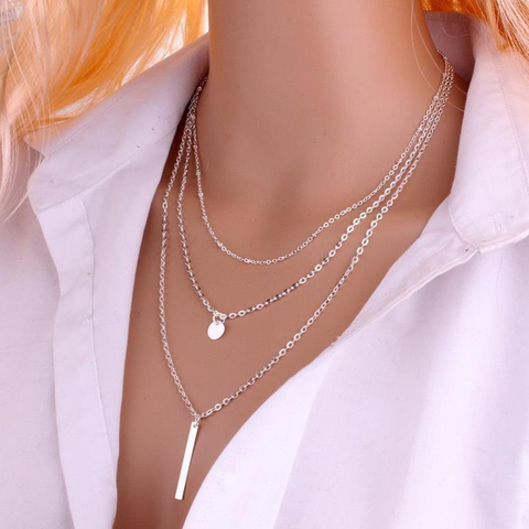 2022 New Women Fashion Gold Color 3 Layers Chain Necklace Hollow Out Triangle Long Pendant Necklaces Jewelry Jewelry Gift ► Photo 1/5