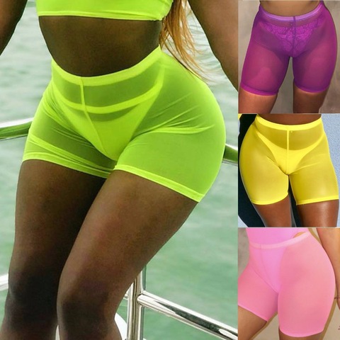 OMSJ New High Waist Women Sexy Neon Green Pink Perspective Mesh Sheer Swim Shorts Bikini Bottom Cover Up Solid Beachwear ► Photo 1/6