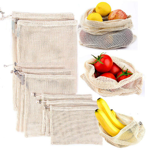 Reusable Cotton Vegetable Bags Home Kitchen Fruit And Vegetable Storage Mesh Bags With Drawstring Machine Washable ► Photo 1/6