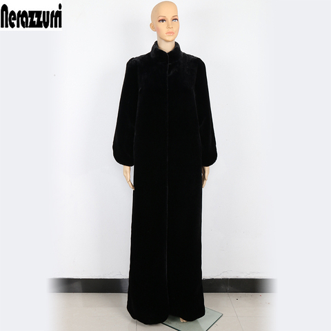 Nerazzurri Floor length faux fur coat women black extra long plus size warm outerwear winter furry fake fur overcoat 5xl 6xl 7xl ► Photo 1/5