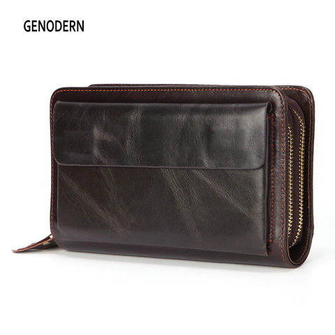 GENODERN Genuine Leather Men Clutch Wallets Cowhide Long Purses Business Large Capacity Wallet Double Zipper Phone Bag For Male ► Photo 1/6