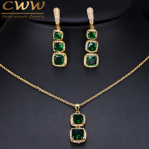 CWWZircons Trendy Yellow Gold Color Women Jewelry Square Drop Cubic Zirconia Blue Green Necklace And Earring Set T088 ► Photo 1/6