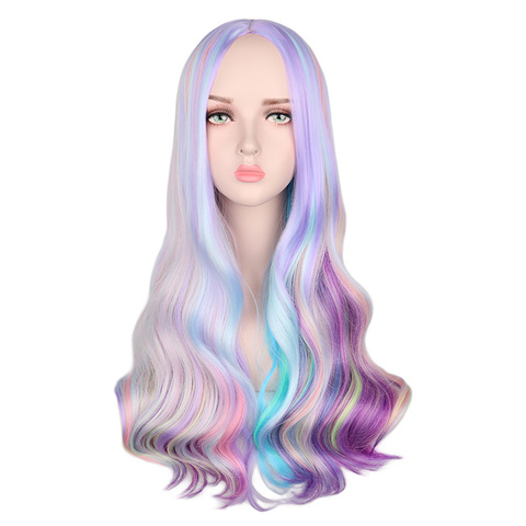 QQXCAIW Rainbow Colorful Long Wavy Wig Cosplay Party Women Heat Resistant Synthetic Hair Wigs ► Photo 1/4