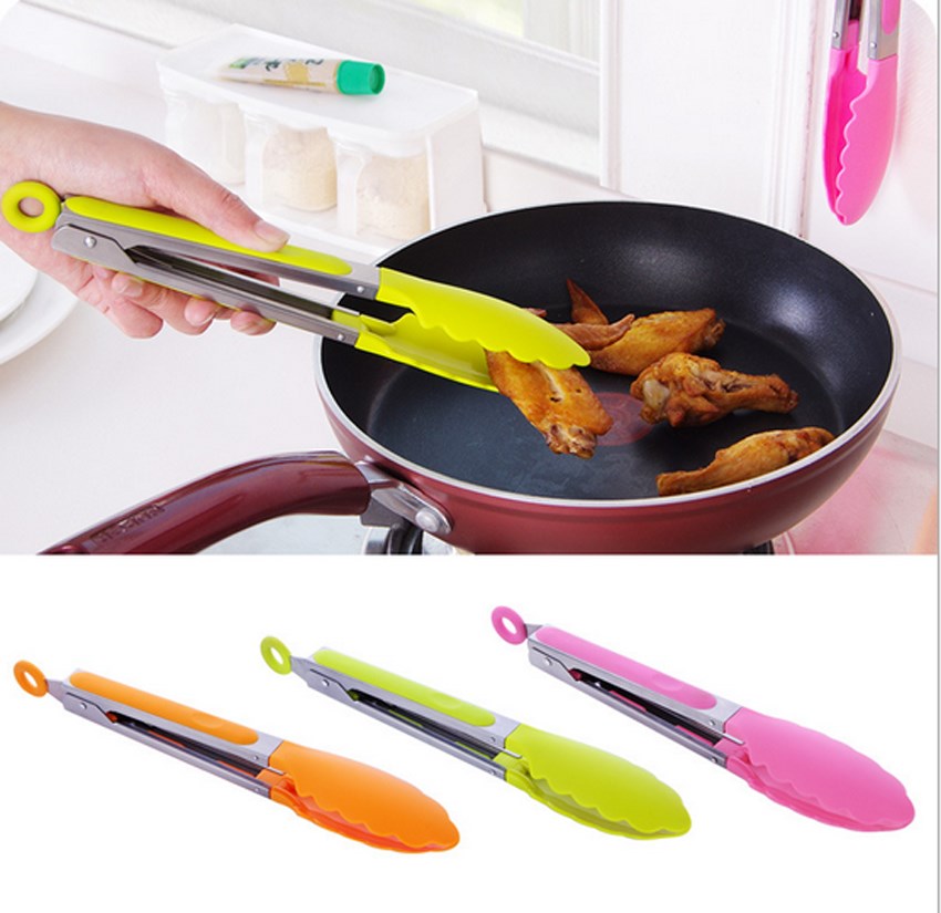 Kitchen Silicone Metal Food Cooking Salad Serving Clip Bread BBQ Tongs Clamps^ 