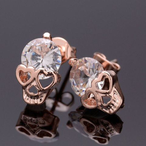 1 Pair Women Ladies Rose Gold Tone Crystal Skull Pierced Studs Earrings ► Photo 1/6