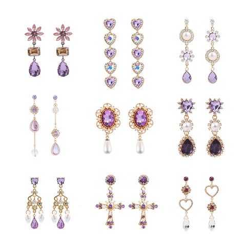 Korean Purple Rhinestone Love Heart Flower Dangle Earrings Long Water Drop Crystal Jewelry Pendientes For Women Fashion Brincos ► Photo 1/6