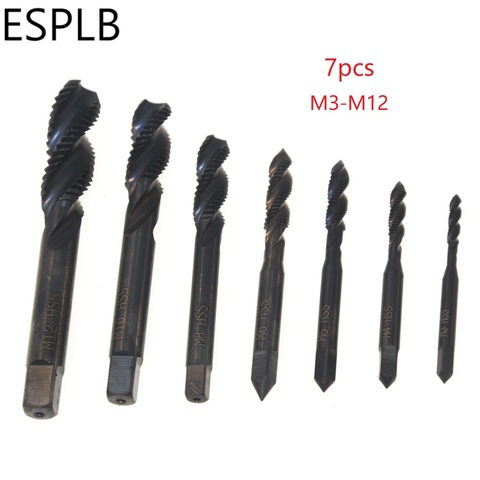 ESPLB 7pcs M3/4/5/6/8/10/12 Drill Bit Spiral Hand Thread Tap HSS 6542 Machine Screw Spiral Point Thread Metric Plug Hand Tools ► Photo 1/6