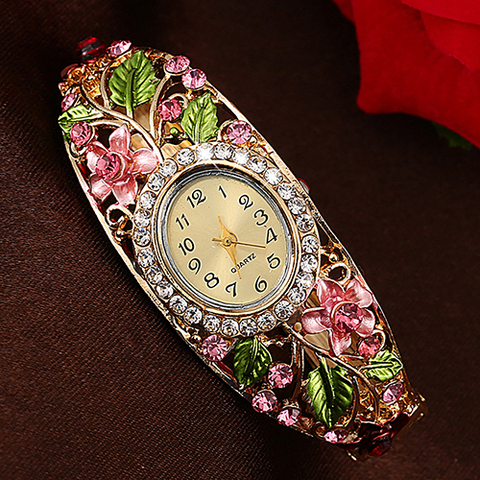 Women Lady Beauty Crystal Colored Alloy Flower Bangle Bracelet Gold Watch Analog Quartz Gemstone Classic Dress Wristwatch Fashio ► Photo 1/6