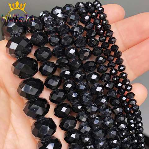Faceted Black Glass Crystal Rondelle Beads Loose Spacer Beads For Jewelry Making DIY Bracelet Necklace Strands 4/6/8/10/12/14mm ► Photo 1/6