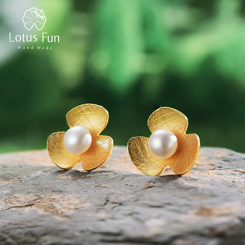 Lotus Fun Real 925 Sterling Silver Natural Pearl Earrings Fine Jewelry 18K Gold Clover Flower Stud Earrings for Women Brincos ► Photo 1/6