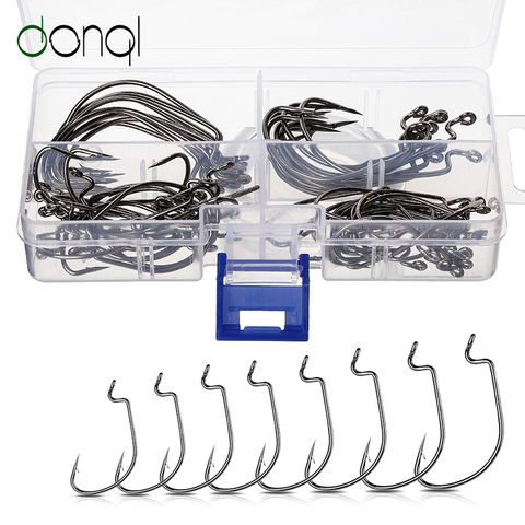 DONQL 60pcs Mixed Size Wide Crank Fishing Hooks Carbon Steel Offset Fishhook 5/0#-4# Barbed Carp Fishing Hook For Soft Worm Lure ► Photo 1/6
