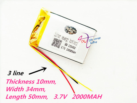 3 wires 103450 3.7V 2000MAH lipo polymer lithium rechargeable battery for MP3 GPS navigator DVD recorder headset e-book camera ► Photo 1/1