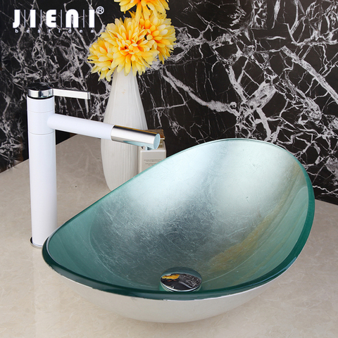 JEINI Bathroom Glass Washbasin Handpainting Bowl Sink Lavatory Basin Combine Brass White Painting Swivel Spout Faucet Mixer Tap ► Photo 1/4