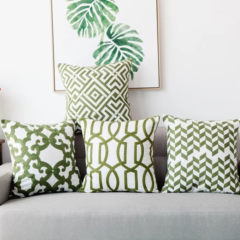Home Decor Emboridered Cushion Cover Green Geometric Canvas Cotton Suqare Embroidery Pillow Cover 45x45cm ► Photo 1/6