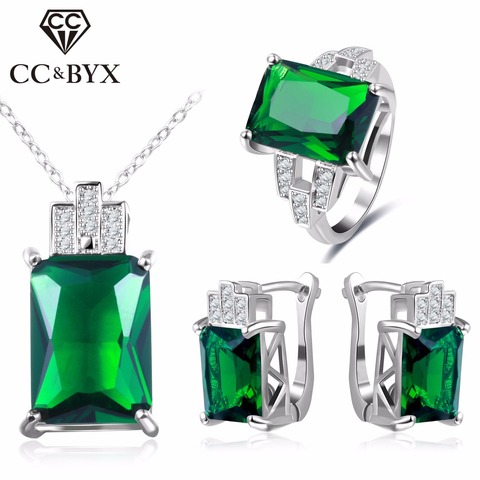 CC Jewelry Fashion Jewelry Set For Women 925 Sterling Silver Jewelry Green Stone CZ Wedding Sets Earring Necklace Ring CCAS119 ► Photo 1/6