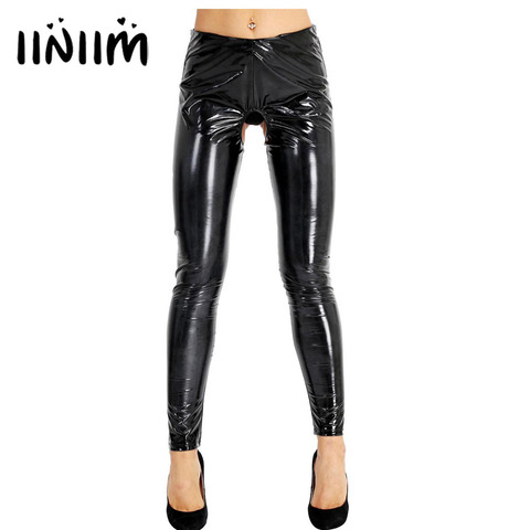 Black Women Lingerie Wet Look Patent Leather Open Crotch and Open Butt Pants Skinny Stretchy Legging Clubwear Sexy Trousers ► Photo 1/6